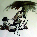 Artist: Garth Tapper, Title: Hitch Hikers, Media: Bamboo & pen wash, Size: 37 x 27 cm